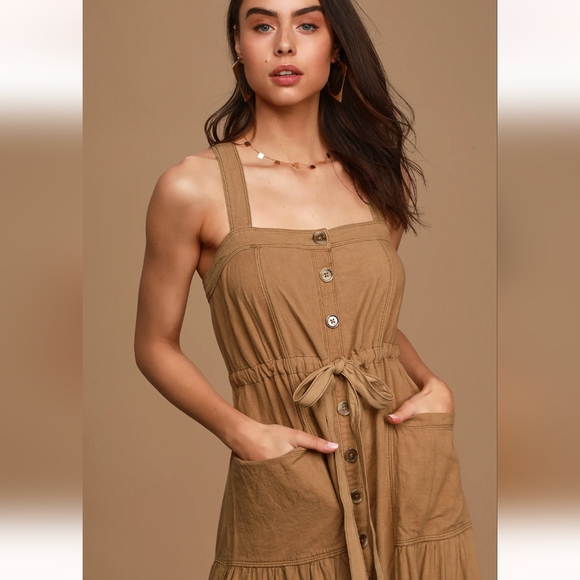 NWT - Free people - Catch the Breeze Tan Button-Front Tiered Midi Dress - Picture 3 of 5